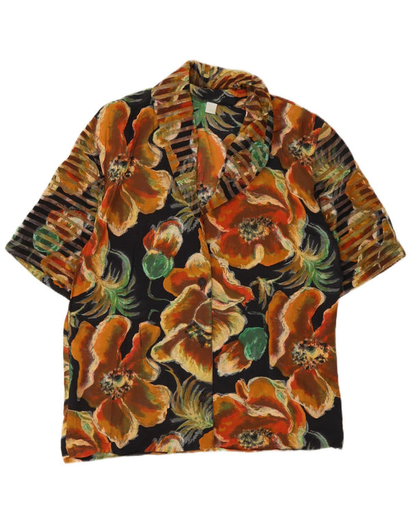 Blusa feminina vintage de manga curta UK 14 viscose floral preta média