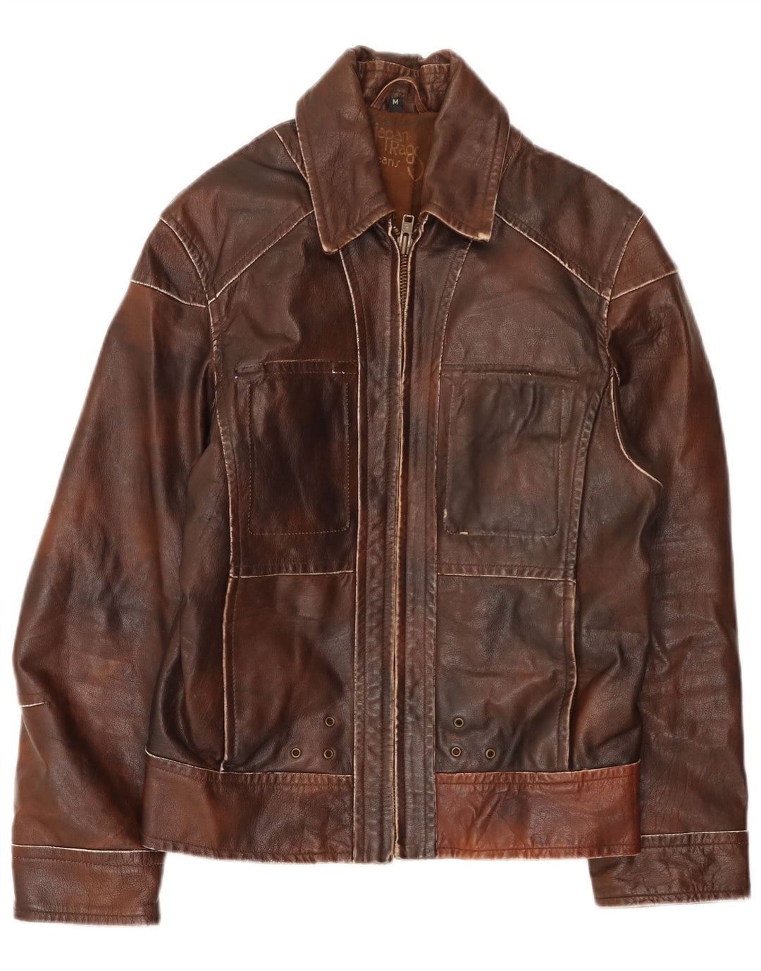 Jaqueta de couro masculina vintage UK 38 patchwork marrom médio