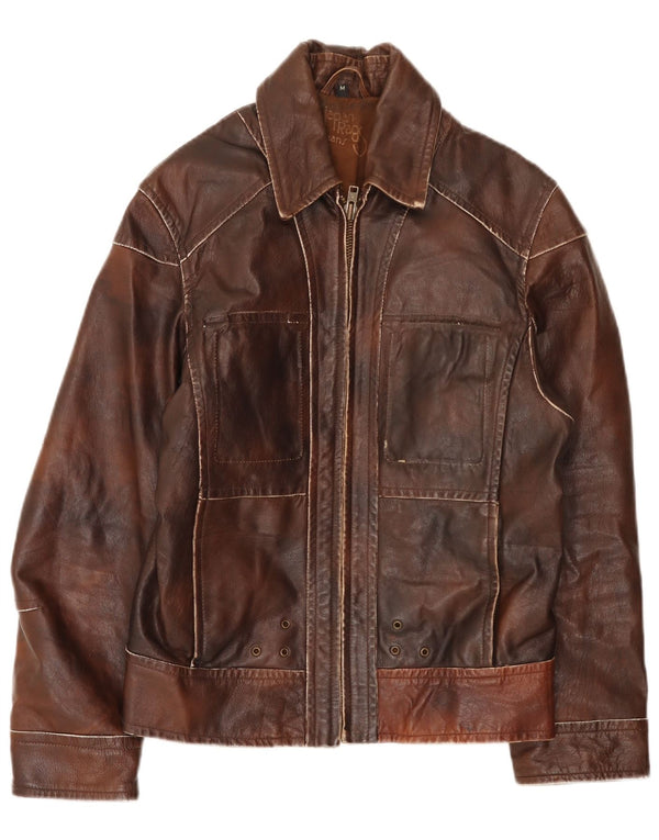 Jaqueta de couro masculina vintage UK 38 patchwork marrom médio