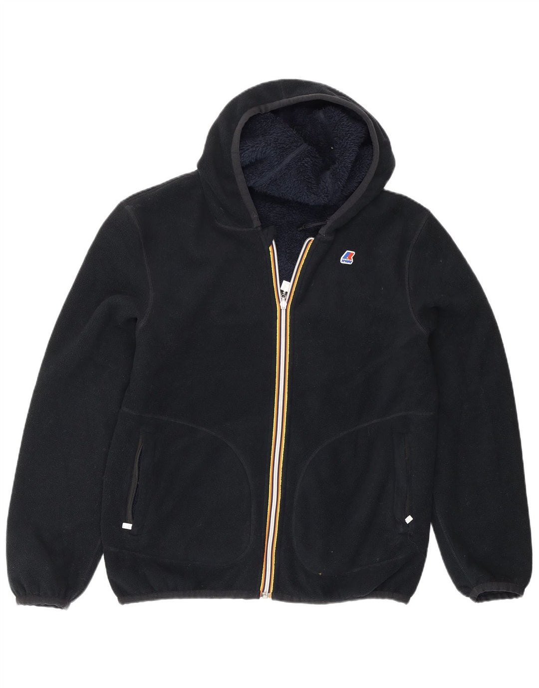Jaqueta masculina de lã reversível com capuz K-Way Reino Unido 40 grande poliéster azul marinho