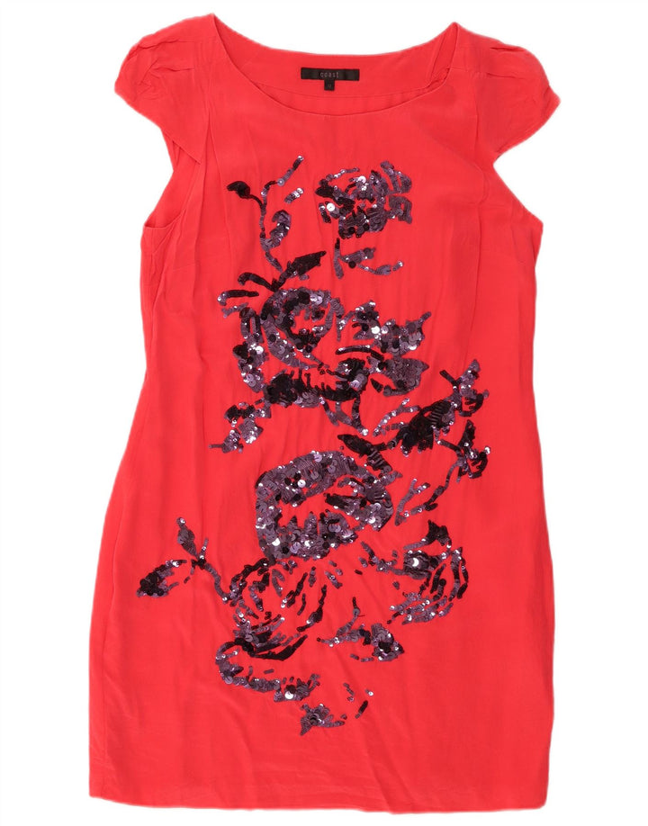 Vestido bainha feminino COAST Reino Unido 12 seda floral rosa médio