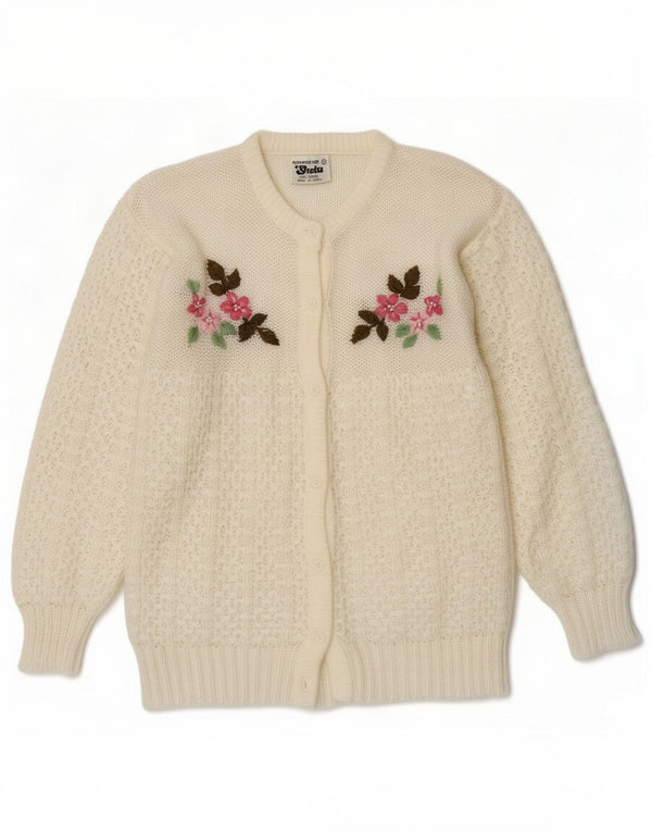 Suéter cardigã feminino grande vintage UK 2 2XS Acrílico floral branco