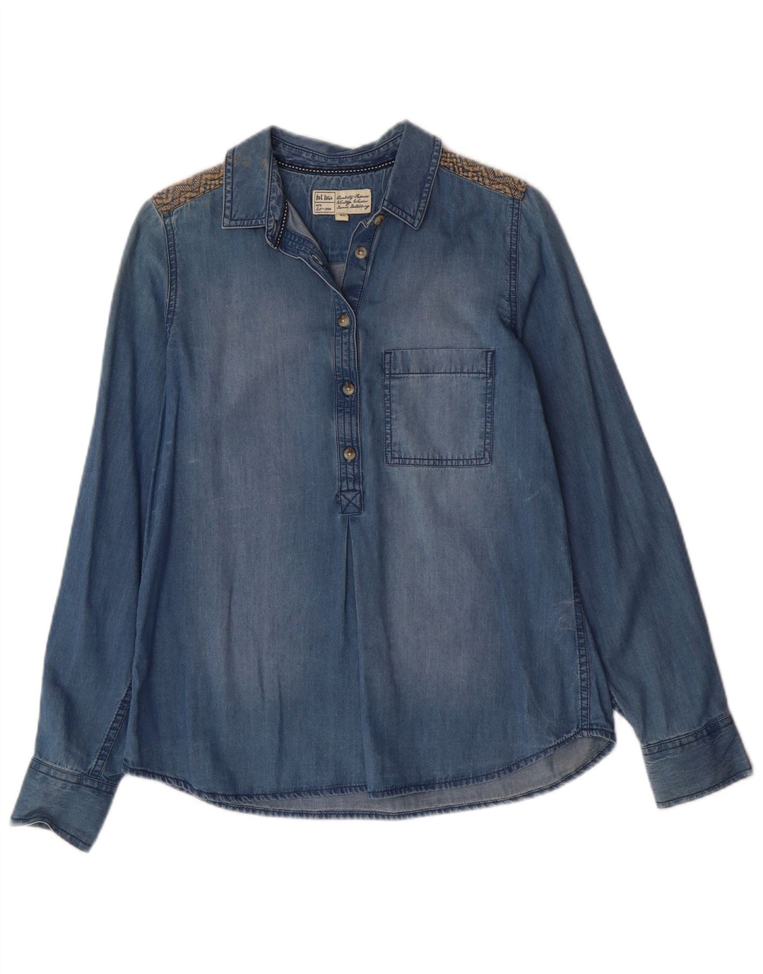 Camisa pulôver jeans feminina Fat Face Reino Unido 12 algodão azul médio boêmio