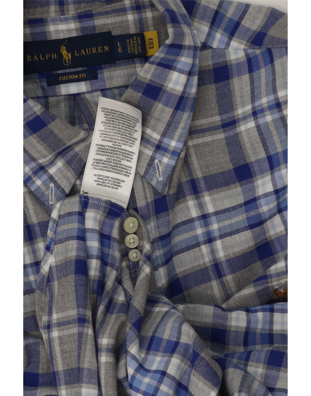 Camisa masculina Ralph Lauren Custom Fit grande algodão xadrez cinza