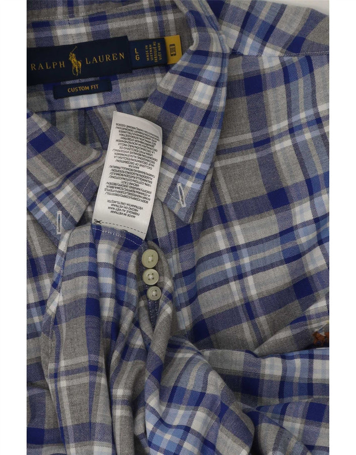 Camisa masculina Ralph Lauren Custom Fit grande algodão xadrez cinza