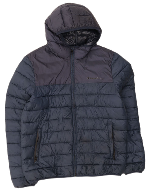 Jaqueta masculina acolchoada com capuz Champion UK 42 XL azul marinho colorblock