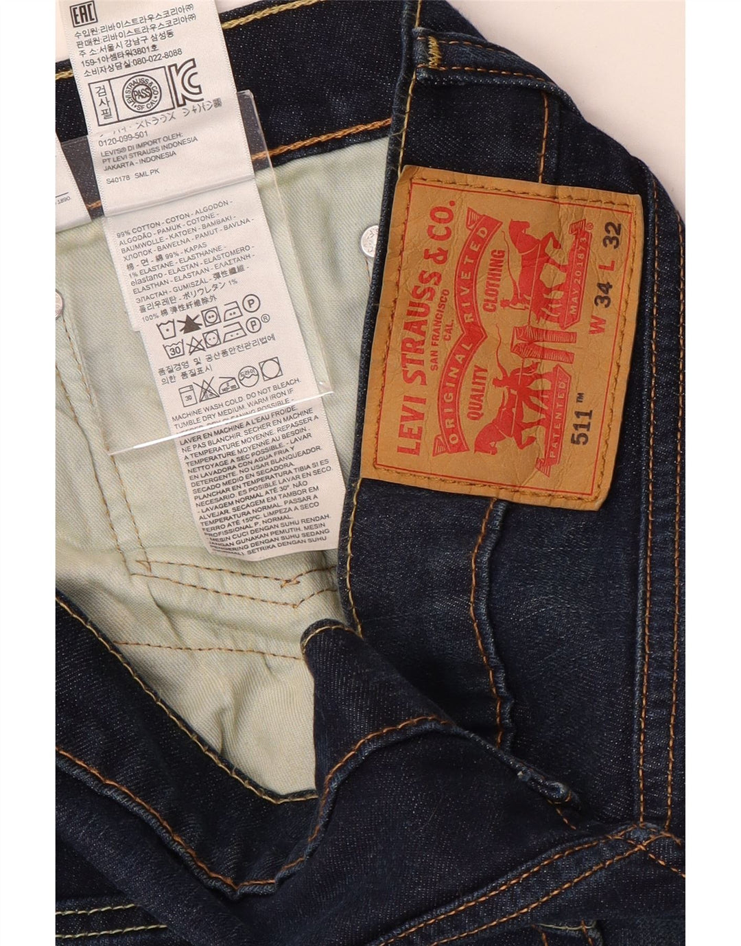 LEVI'S Masculino 511 Slim Jeans W34 L32 Azul Marinho Algodão