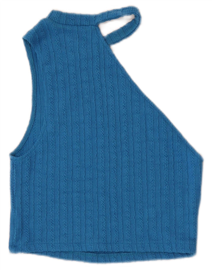 Zara Womens Knit Crop Off Ombro Top Reino Unido 12 Azul Médio