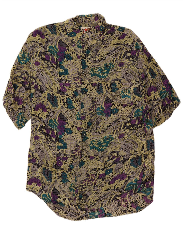Camisa masculina vintage de manga curta média viscose floral multicolorida