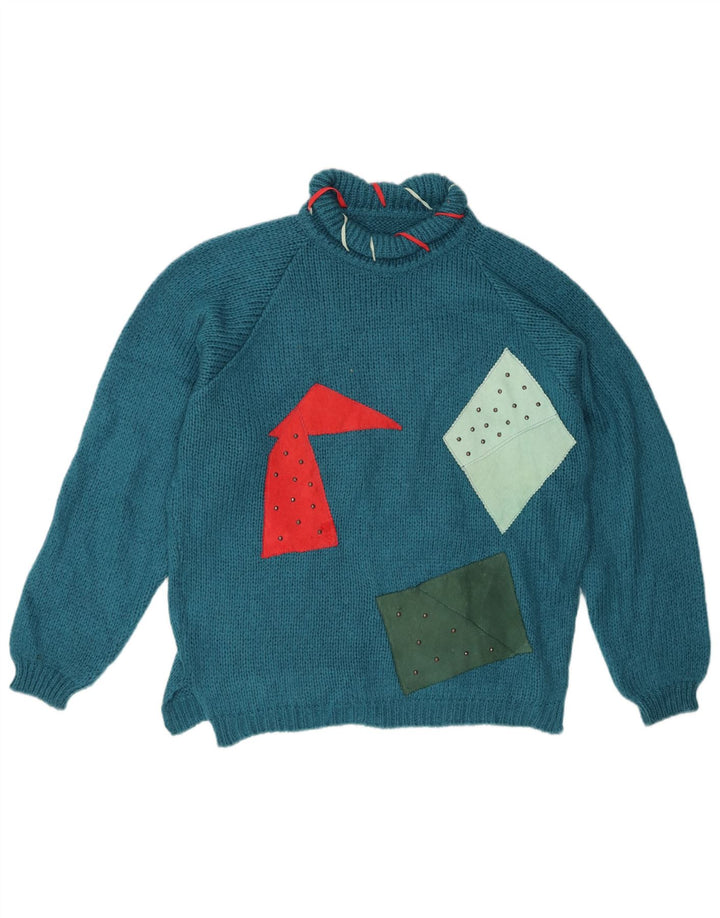 Suéter feminino VINTAGE com gola redonda UK 18 XL azul patchwork