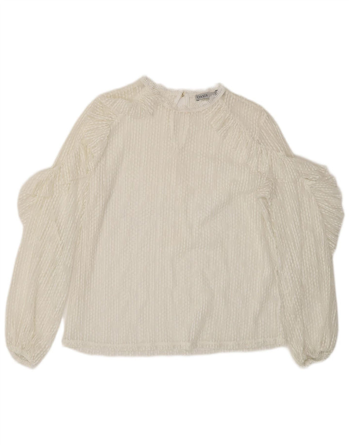 Top feminino Oasis de manga comprida com renda transparente Reino Unido 14 médio branco