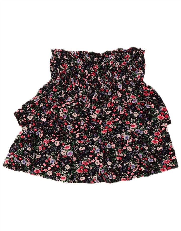 Saia feminina com babados JOE BROWNS Reino Unido 12 médio W30 viscose floral preta