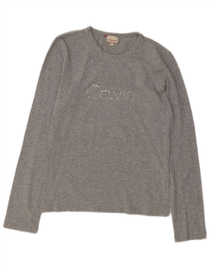 Calvin Klein Jeans Feminino Top Gráfico Manga Longa Reino Unido 12 Médio Cinza Flecked