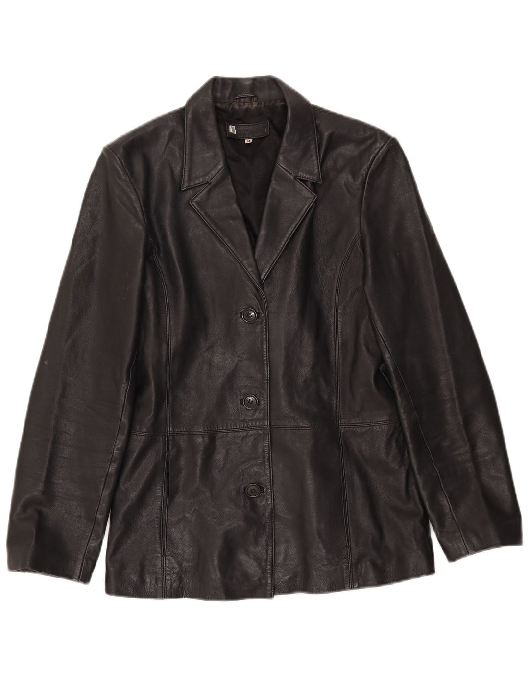 Jaqueta blazer de couro vintage feminina com 3 botões Reino Unido 14 couro preto grande
