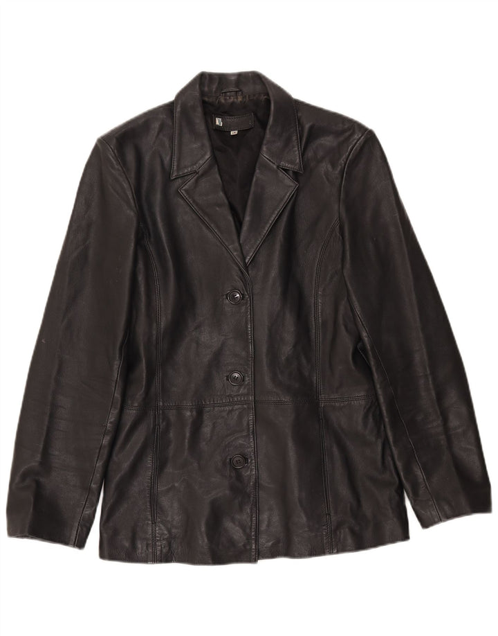 Jaqueta blazer de couro vintage feminina com 3 botões Reino Unido 14 couro preto grande