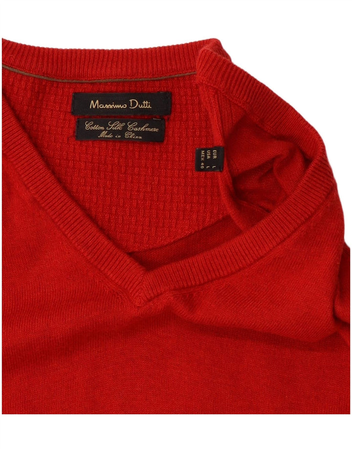 Suéter masculino Massimo Dutti com decote em V, grande bloco de seda vermelho