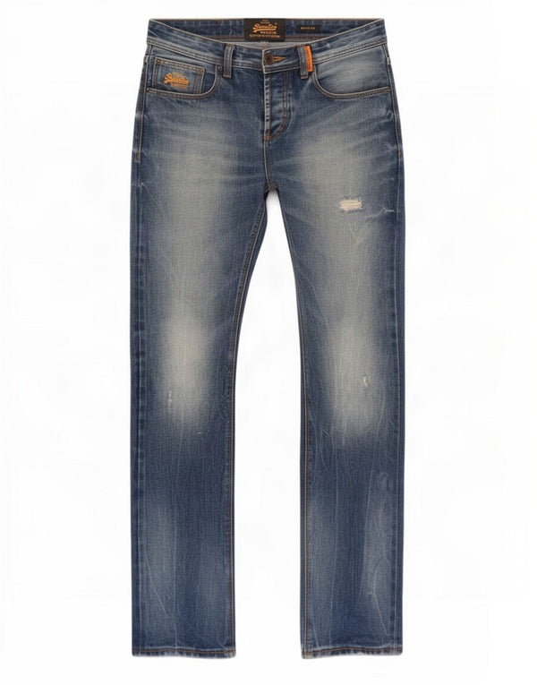Superdry Mens Officer Distressed Straight Jeans W30 L32 Azul Algodão