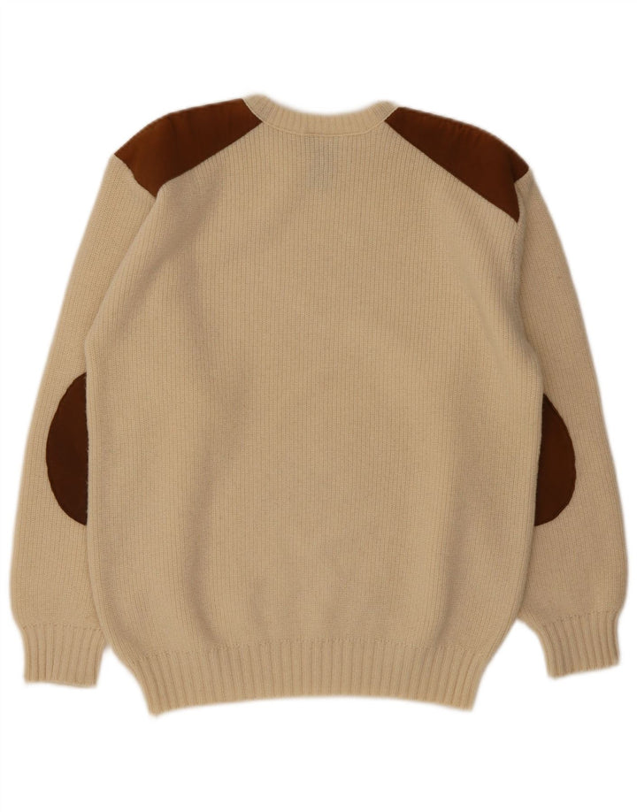 Suéter vintage masculino com gola redonda, lã colorblock bege médio