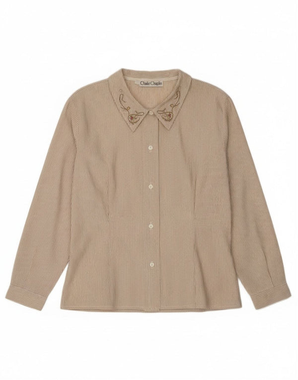 Camisa feminina vintage Reino Unido 14 algodão listrado bege médio