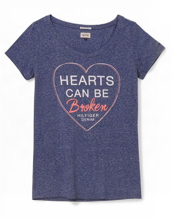 Tommy Hilfiger Camiseta feminina gráfica Top UK 12 Médio Azul marinho manchado