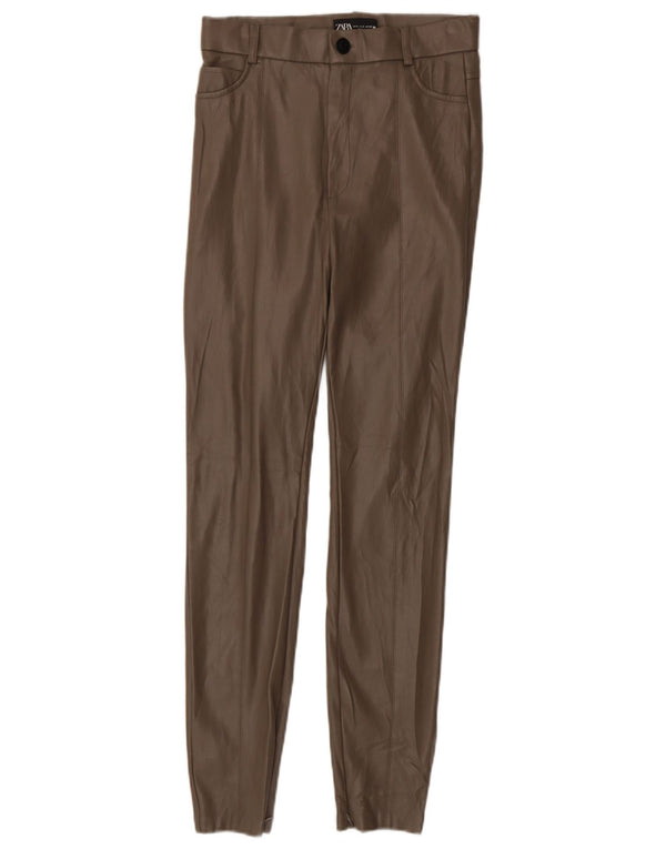 Zara Calça feminina skinny de couro sintético pequena W26 L28 marrom