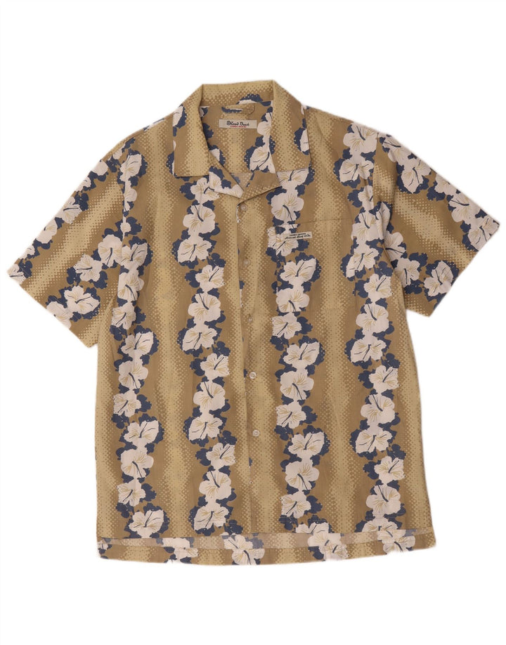 Camisa masculina havaiana vintage de manga curta em poliéster floral bege médio