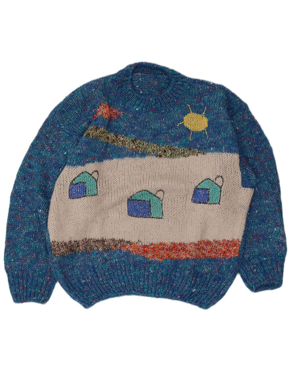 Suéter feminino vintage com gola redonda e gola redonda Reino Unido 16 grande azul manchado
