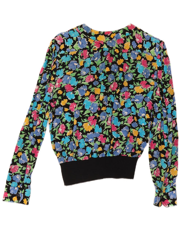 Blusa feminina vintage de manga comprida UK 10 pequena floral multicolorida