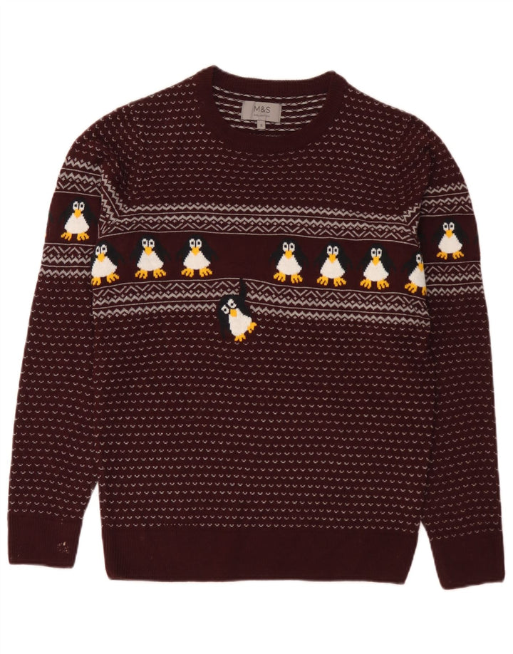 Suéter masculino Marks & Spencer com gola redonda, pequeno Borgonha Fair Isle