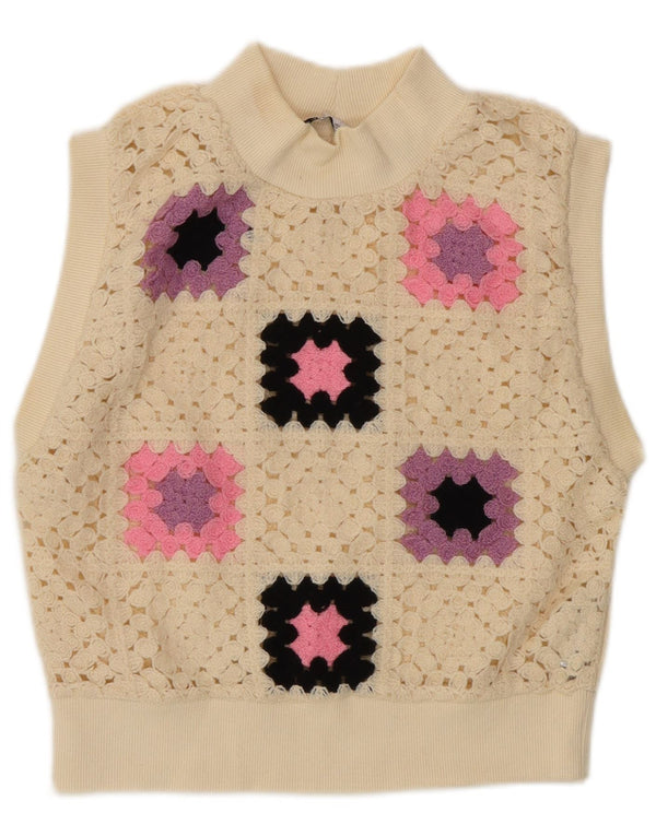 Zara Womens Vest Tank Top UK 12 Médio Off White Geométrico Acrílico