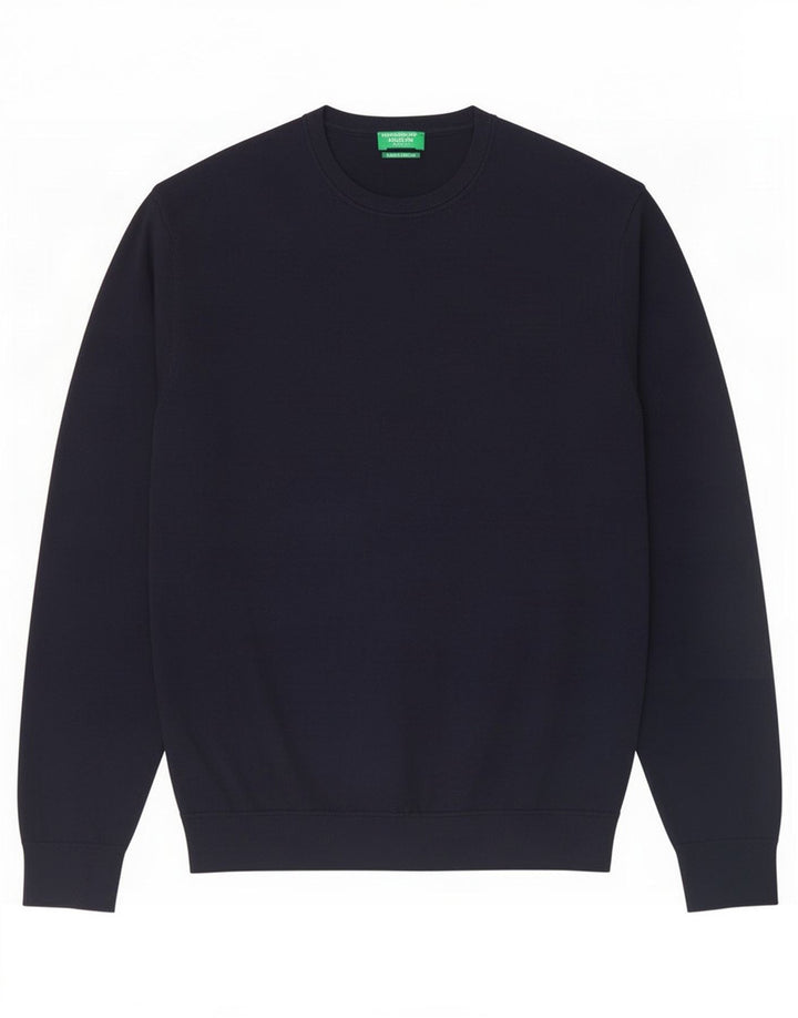 Suéter masculino Benetton com gola redonda, lã virgem azul marinho médio