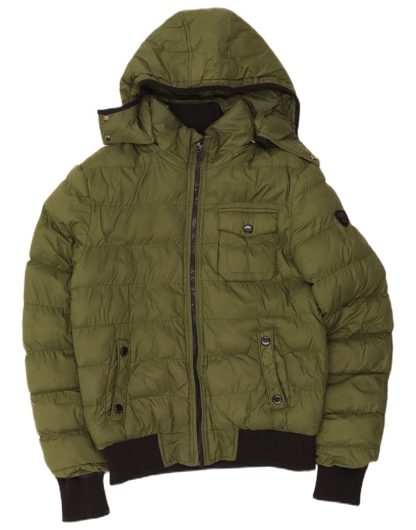 Jaqueta acolchoada com capuz feminina vintage Reino Unido 16 grande bloco colorido verde nylon