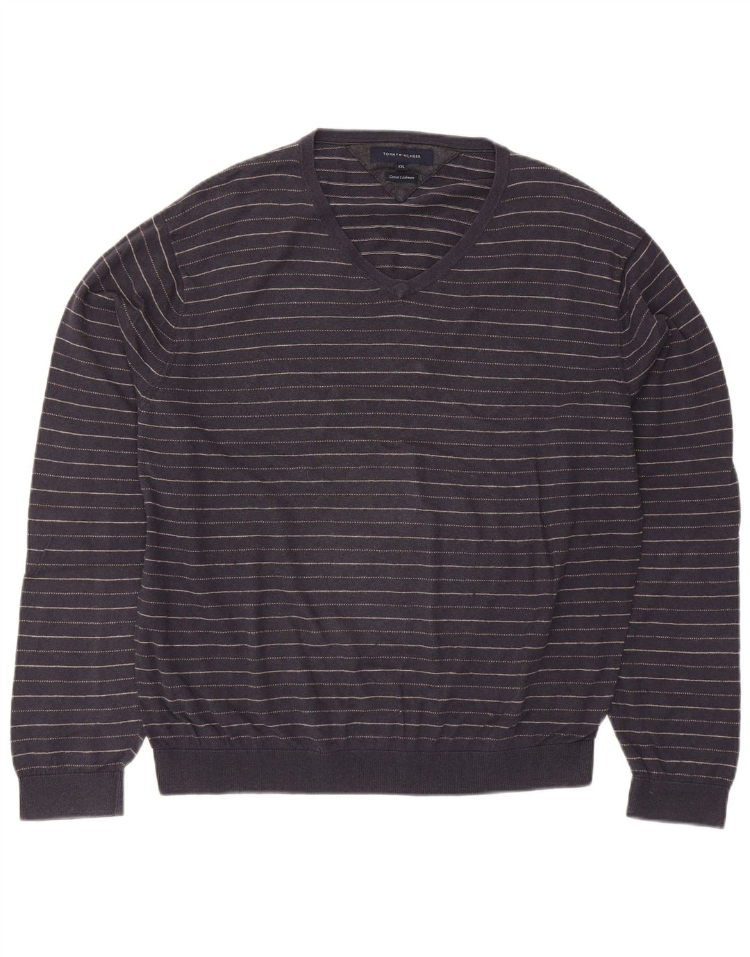 TOMMY HILFIGER Suéter masculino com decote em V 2XL algodão listrado azul marinho