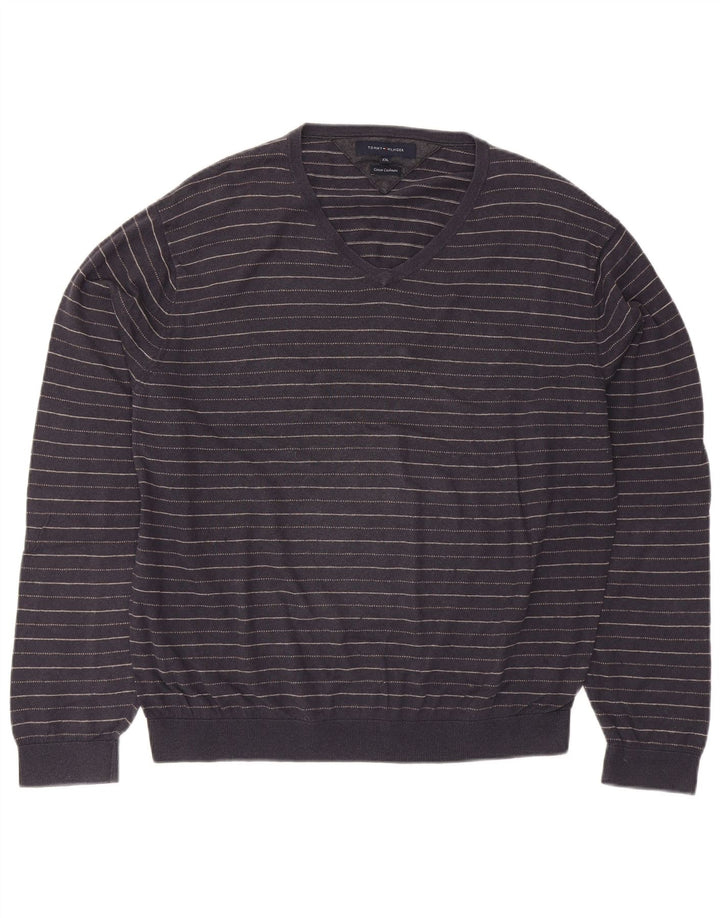 TOMMY HILFIGER Suéter masculino com decote em V 2XL algodão listrado azul marinho