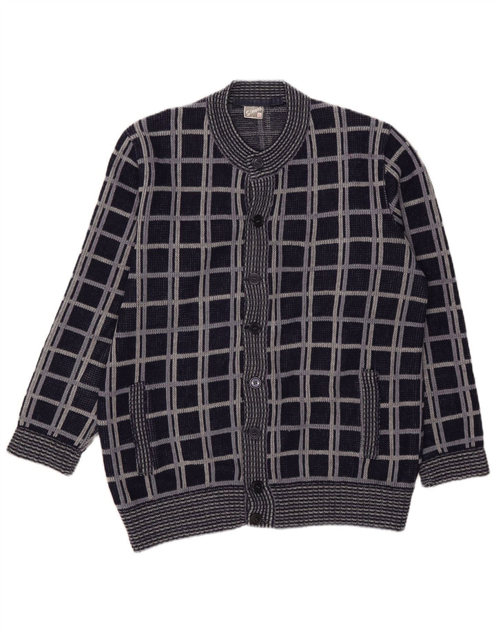 Suéter cardigã masculino vintage médio de lã xadrez azul marinho