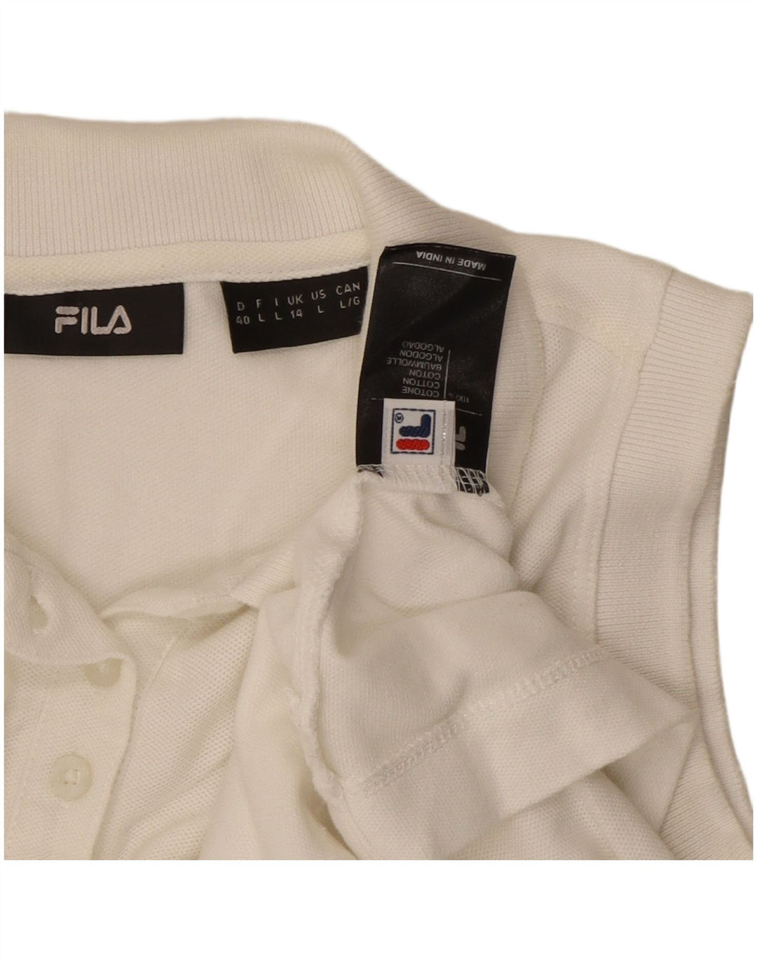 Camisa polo feminina sem mangas Fila UK 14 médio algodão branco