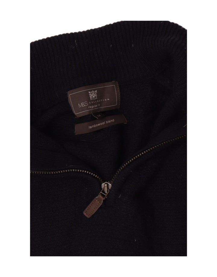 Suéter masculino Marks & Spencer com zíper e gola em lã de cordeiro azul marinho médio
