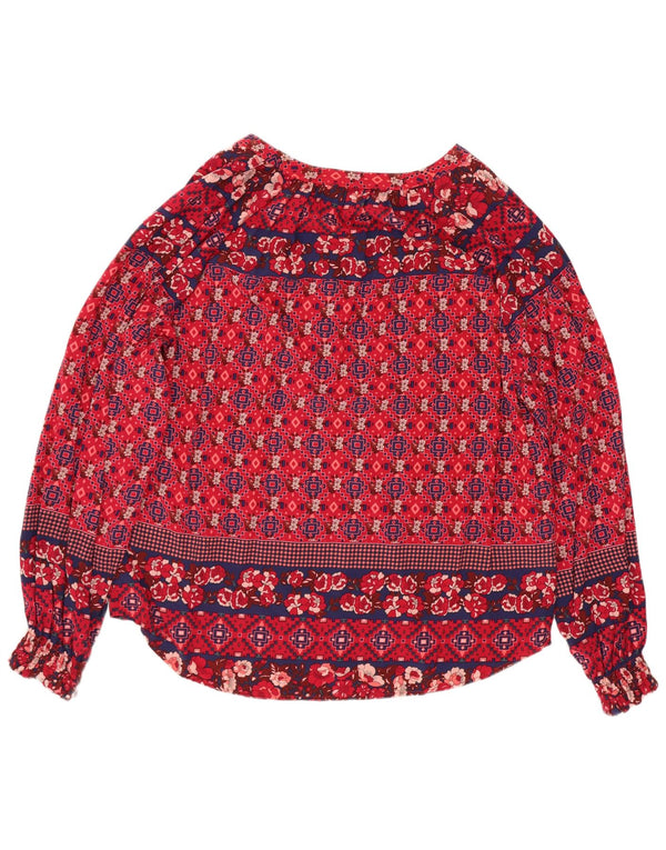 Blusa feminina de manga comprida Monsoon UK 14 grande viscose geométrica vermelha