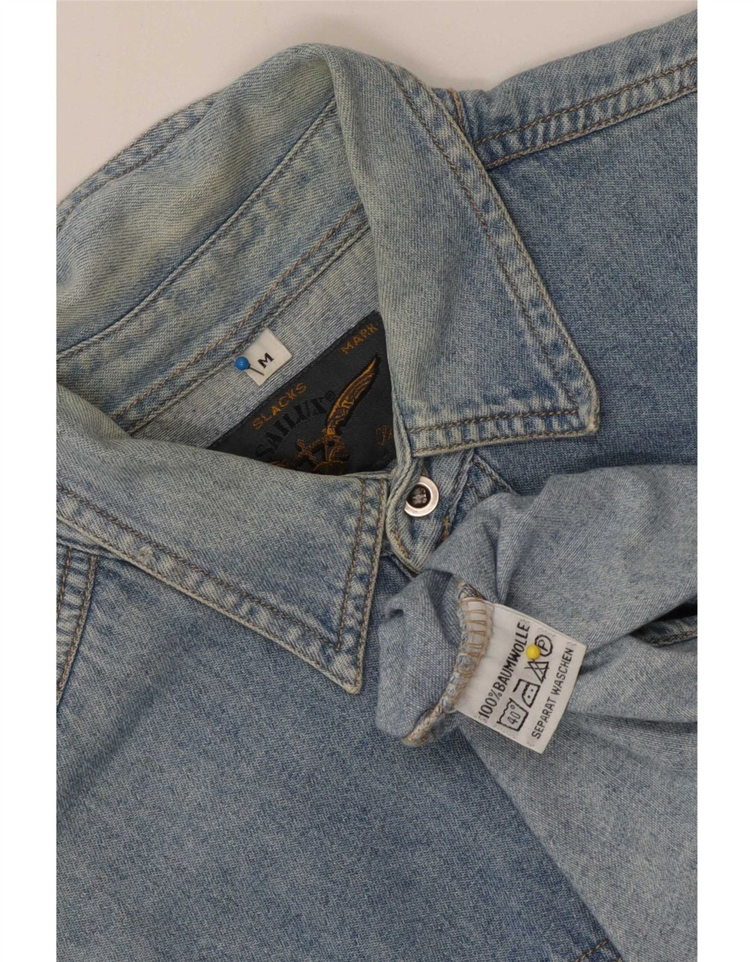 Camisa jeans masculina vintage algodão azul médio