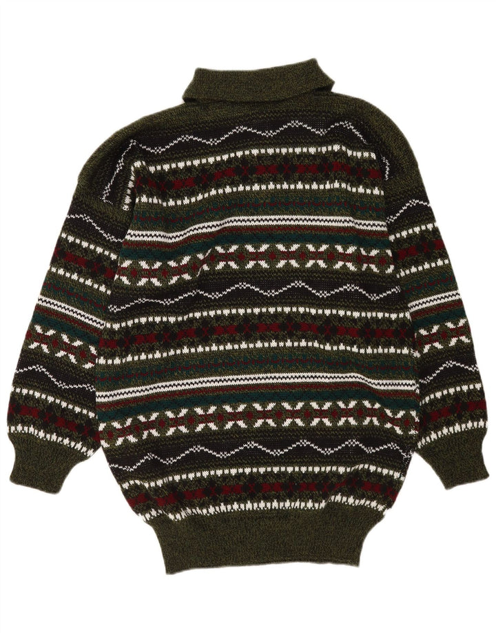 Suéter vintage masculino com gola polo e meio geométrico multicolorido