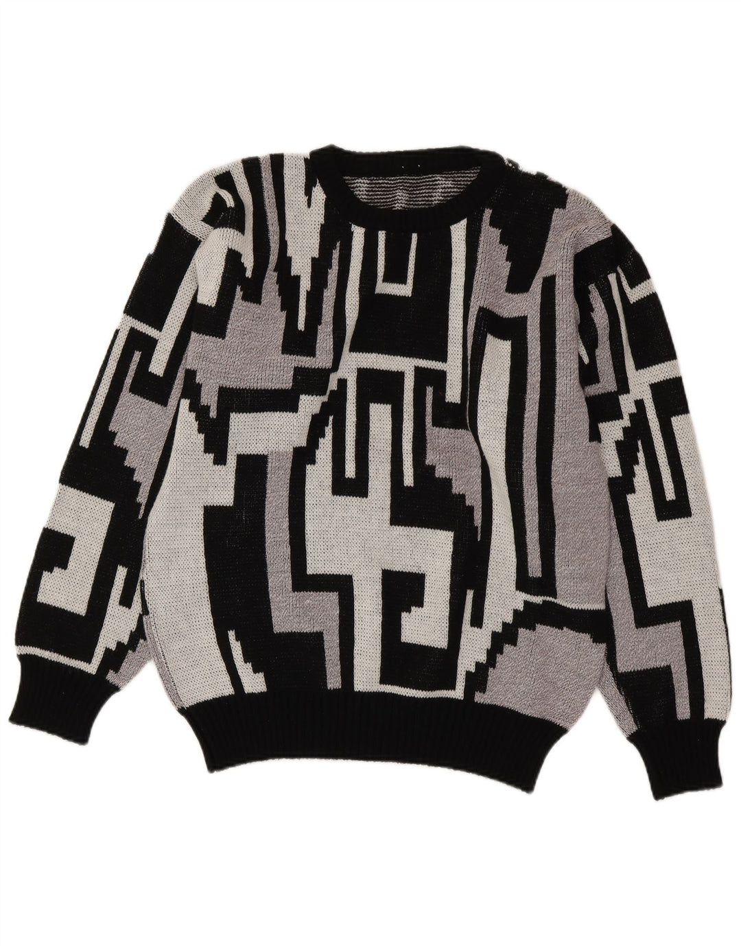 Suéter vintage masculino com gola redonda cinza médio geométrico