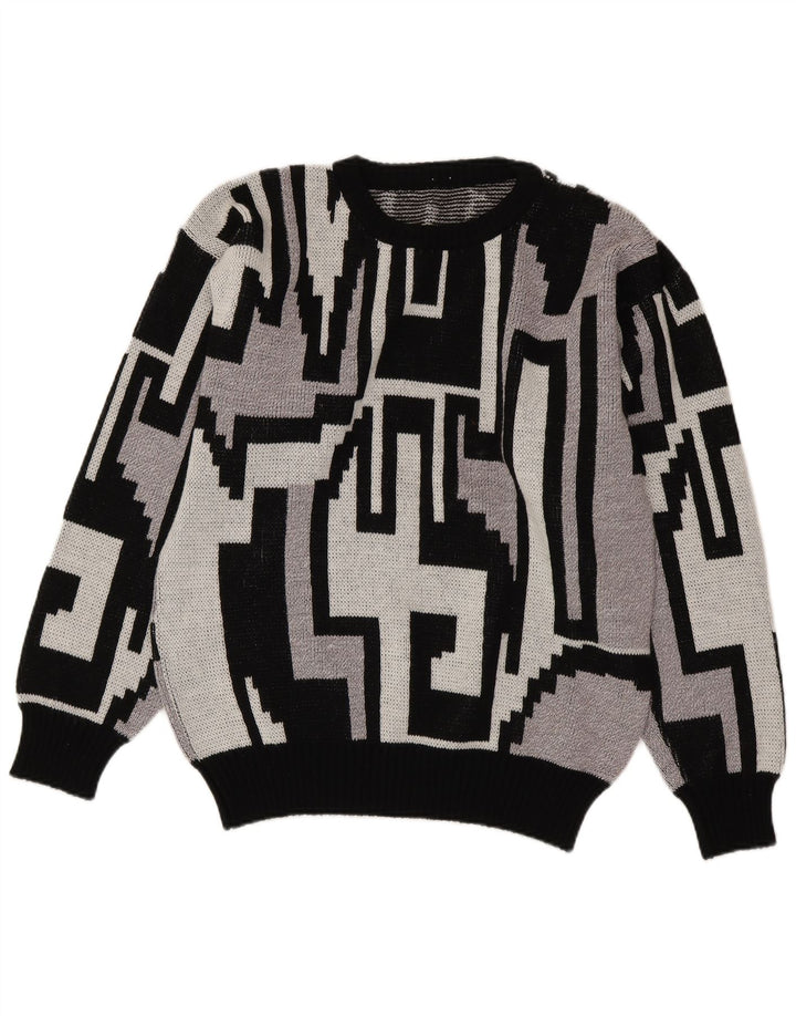 Suéter vintage masculino com gola redonda cinza médio geométrico