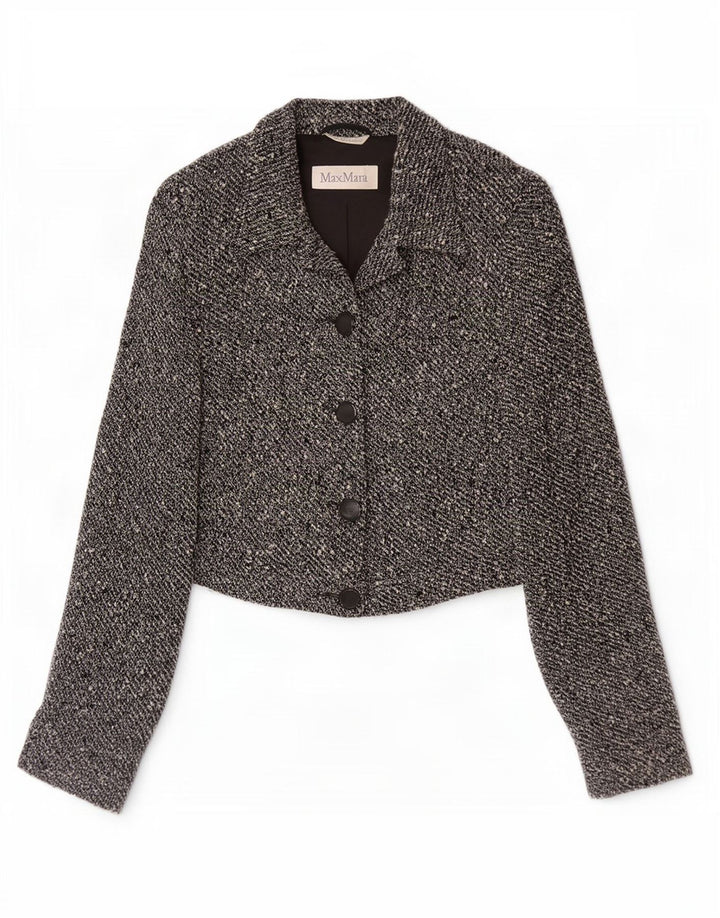 Jaqueta blazer feminina Max Mara Crop 4 botões Reino Unido 14 lã manchada cinza médio