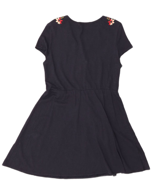 Vestido feminino Zara A-Line UK 12 médio azul marinho floral algodão