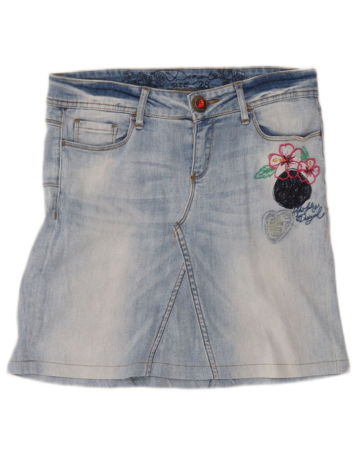 Mini saia jeans feminina Desigual gráfica W30 azul médio floral