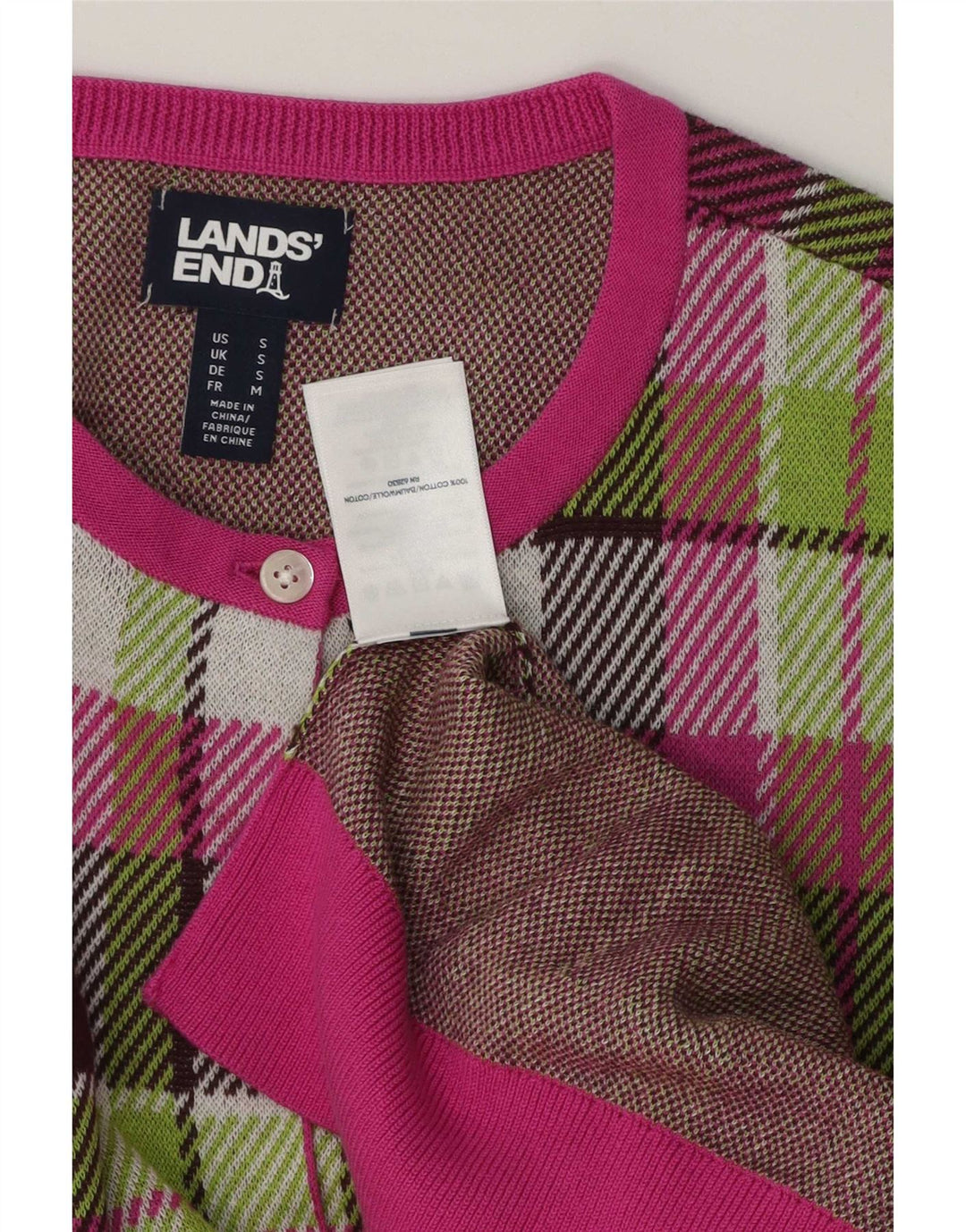 Suéter de cardigã feminino de grandes dimensões Lands End Reino Unido 10 pequeno xadrez multicolorido