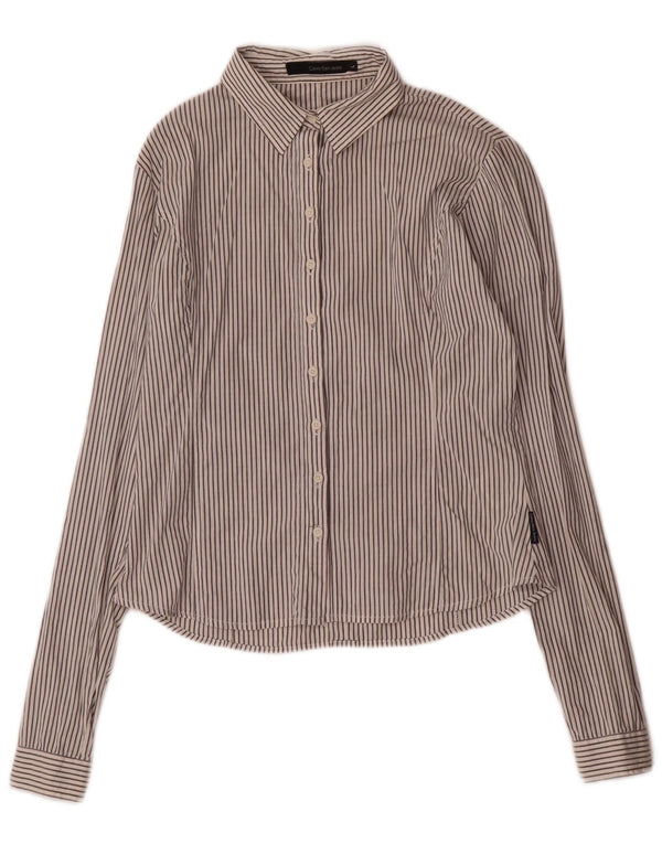 Camisa feminina Calvin Klein Jeans UK 14 grande algodão listrado branco