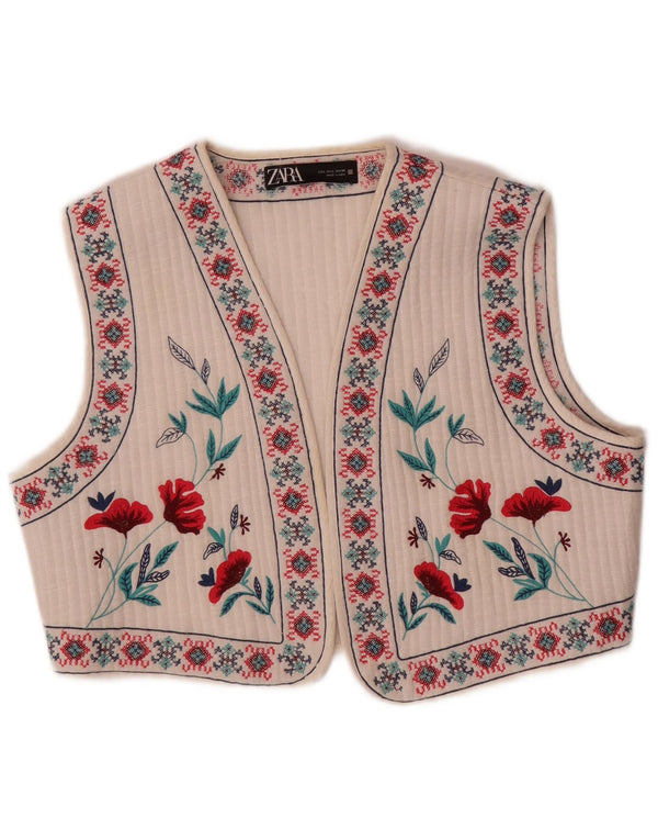 Colete feminino Zara UK 16 grande branco floral étnico