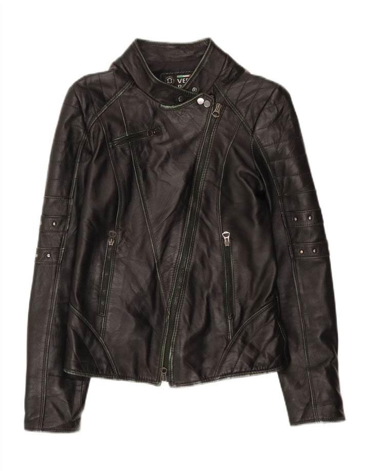 Jaqueta de motociclista de couro feminino vintage IT 44 couro preto médio