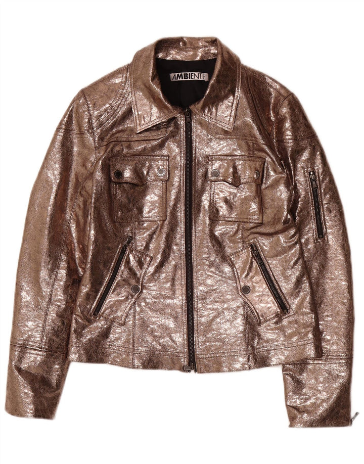 Jaqueta utilitária feminina de couro sintético AMBIENTE Reino Unido 14 grande poliéster marrom